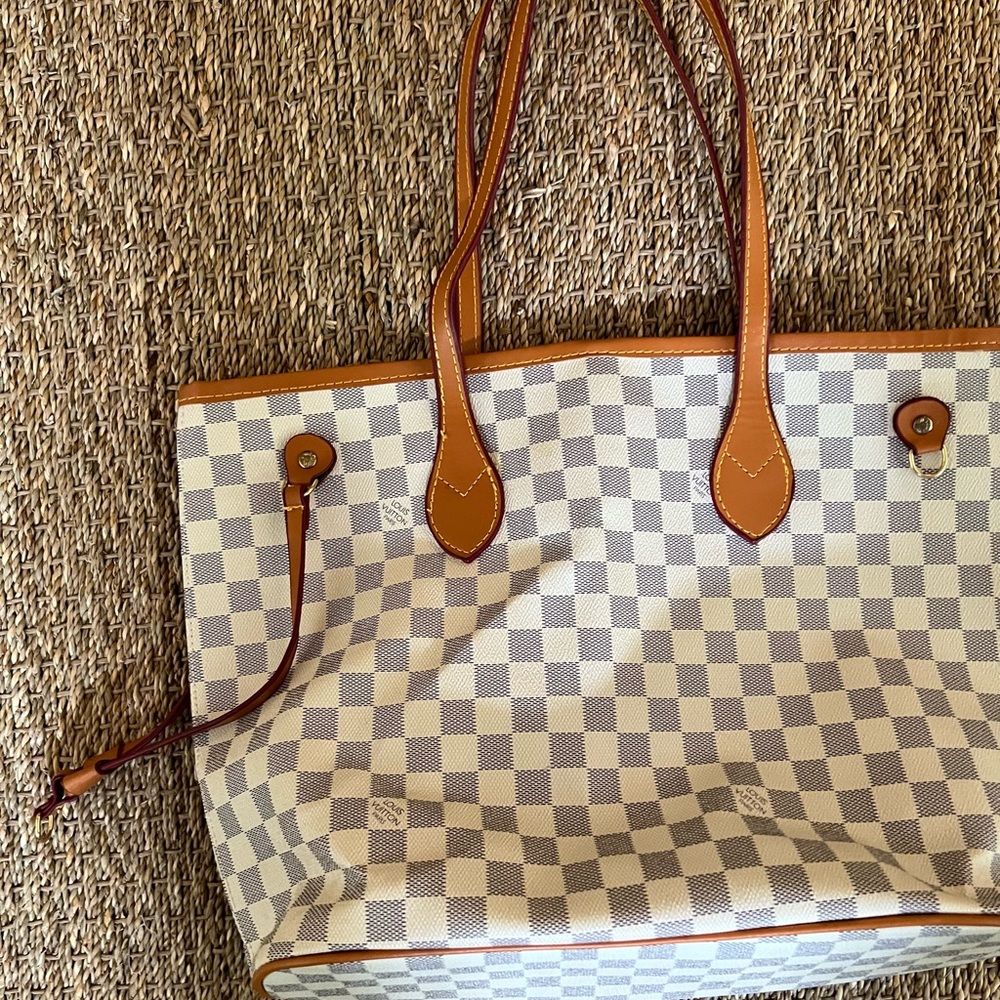 White and Tan Check Canvas Tote with Tan Trim